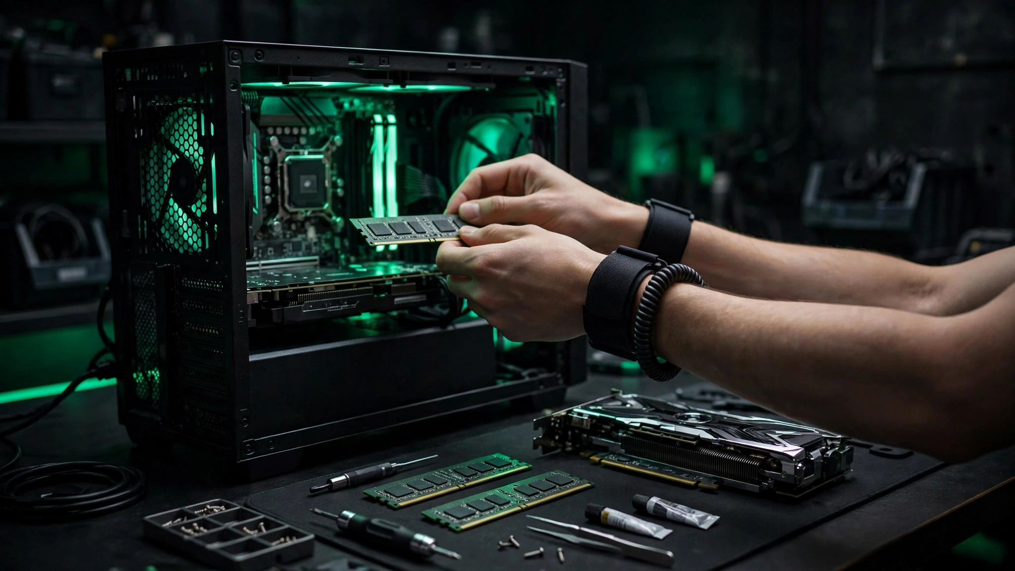 Gaming computer system on the Grind Tech work bench